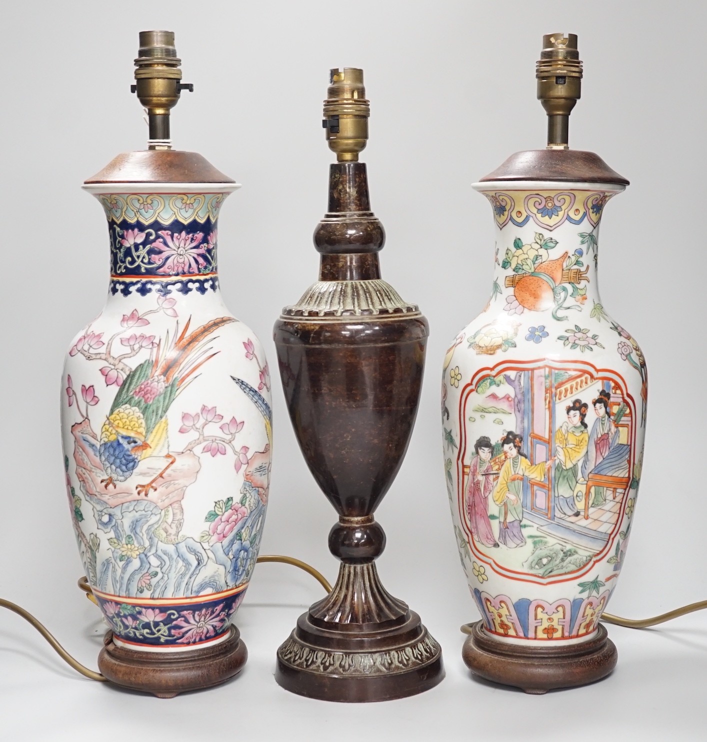 Two Chinese famille rose table lamps and one other